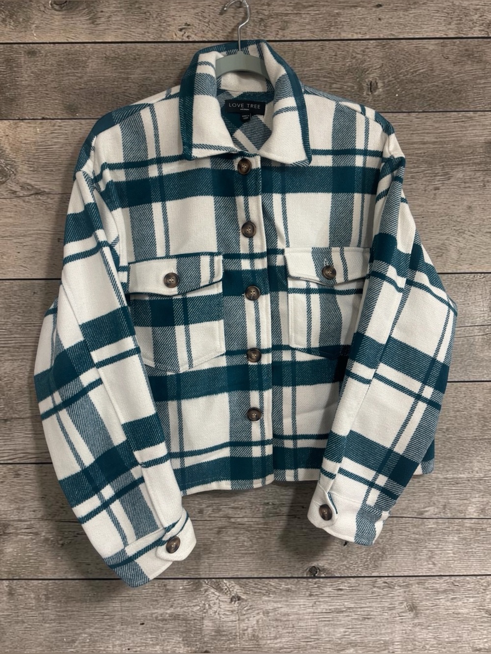 Love Tree Womens Teal & White Plaid Utility Shacket